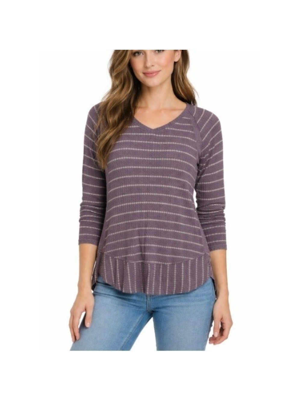 Sonoma Women's Purple White Striped V Neck Waffle Knit Long Sleeve Top Size M